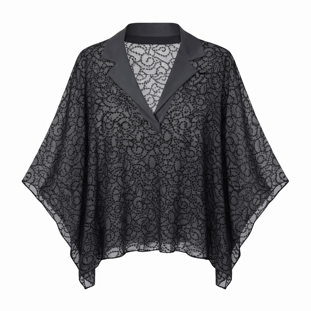 Whimsy Goth Silk Sheer Batwing Tunic Top Women Size M Black Embroidered‎ Poncho